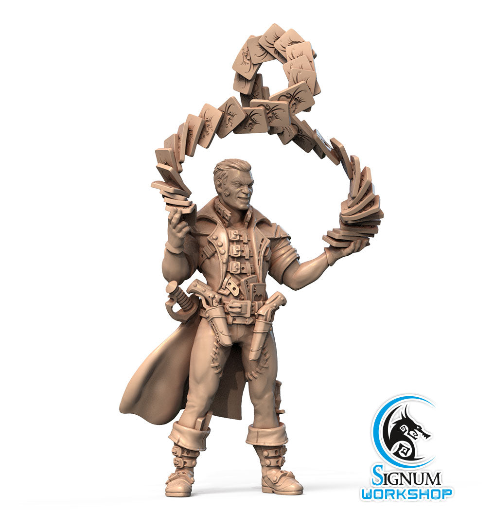 A 3D-printed miniature figurine of a wizard-like character adorned in detailed attire, including a long coat and utility belt. The figure holds a ring of floating, ornate cards above their head, perfect for Dungeons and Dragons enthusiasts. The image features the "Reez the XII-th Arcana - Signum Workshop - 3d Print" logo in the bottom right corner.