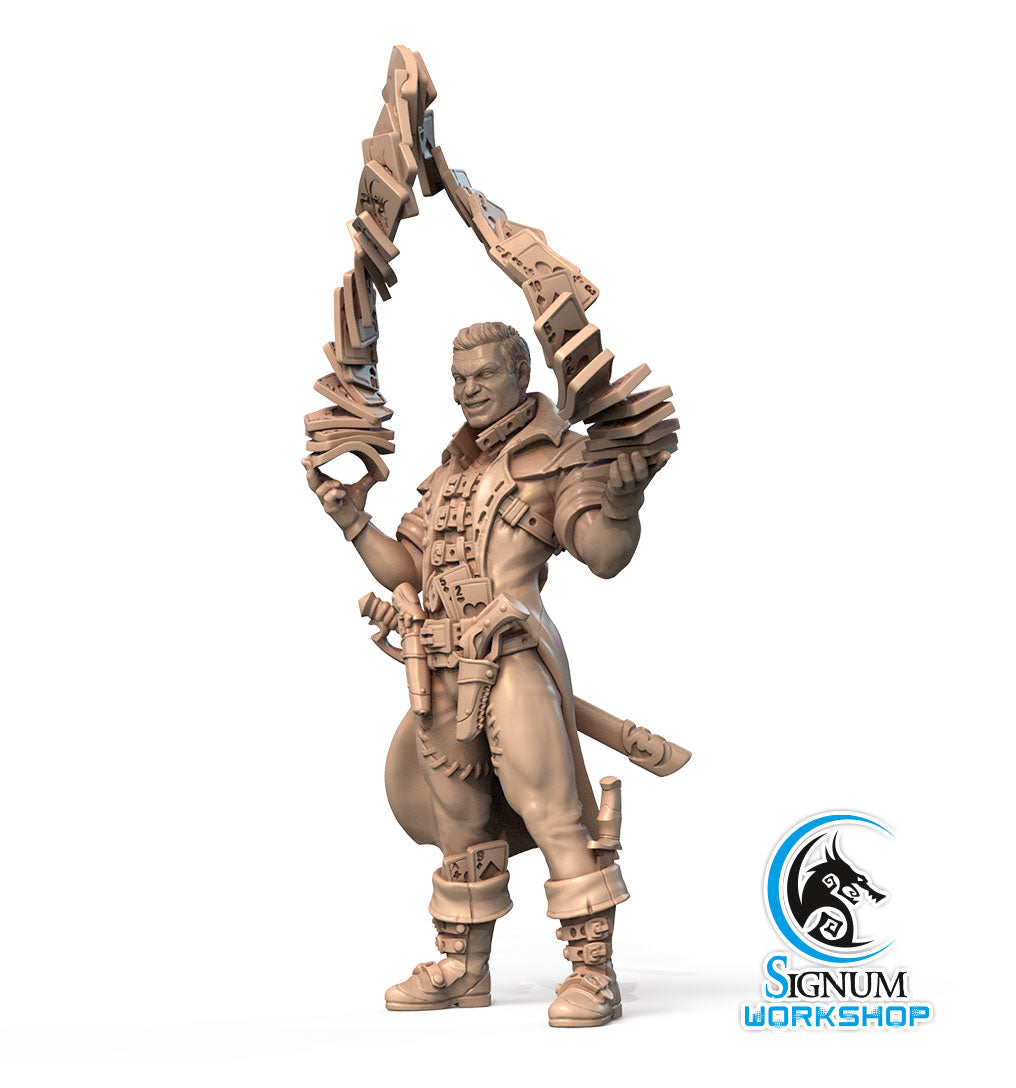 A detailed, 3D-printed miniature figure depicts a muscular warrior in mid-action, holding a large, intricately designed, curved weapon. The figure is outfitted with armor and intricate accessories, perfect for Dungeons and Dragons campaigns. The Signum Workshop logo is present in the bottom right corner. This product is called Reez the XII-th Arcana - Signum Workshop - 3d Print.