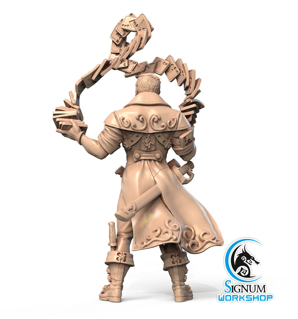 A 3D printed miniature of a person seen from behind, holding a dynamic swirl of cards in one hand. The figure wears a detailed coat with intricate designs and has a sword sheathed at their side, perfect for any Dungeons and Dragons campaign. The Reez the XII-th Arcana - Signum Workshop - 3d Print logo is visible in the bottom right corner.