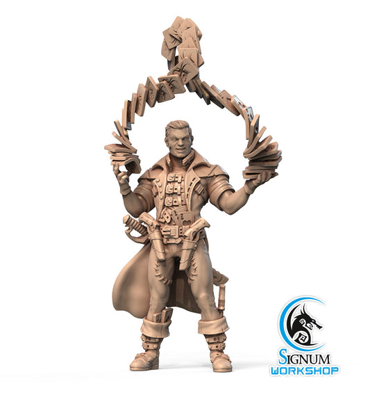 A detailed, 3D printed miniature of a man in an action pose, perfect for Dungeons and Dragons. He wears a long coat and armored accessories, with cards suspended around him in a circular pattern. The bottom right features the Signum Workshop logo, a black and white unicorn head within a blue circle. This is Reez the XII-th Arcana - Signum Workshop - 3d Print.