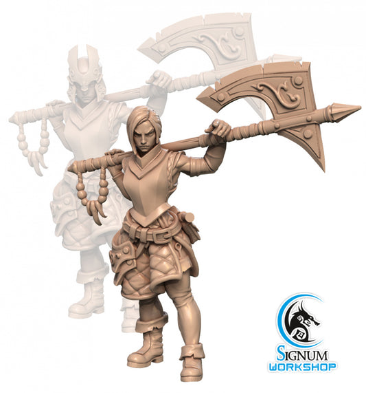 A detailed 3D-printed miniature of Riana Armourer - Signum Workshop - 3d Print, with intricate armor and braided elements hanging from the weapon. The background showcases a faded magnified silhouette of the same character, perfect for Dungeons and Dragons campaigns. The Signum Workshop logo is at the bottom right.