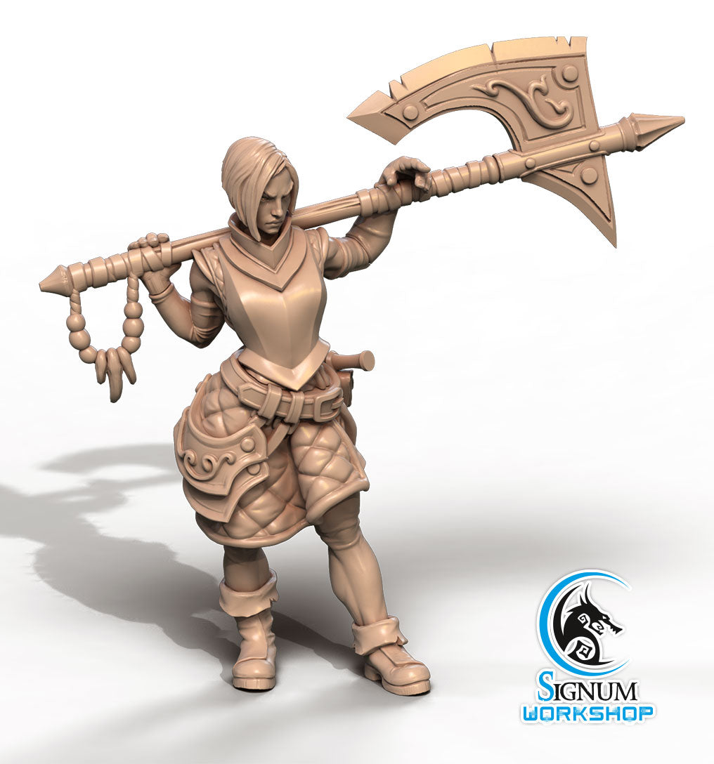 A detailed, unpainted 3D printed miniature figure of a warrior, holding a large ornate axe, stands in a dynamic pose with one foot forward. The figure wears armor and a skirt with intricate patterns. Ideal for Dungeons and Dragons, the base features a shadow, with the Riana Armourer - Signum Workshop - 3d Print logo visible in the corner.