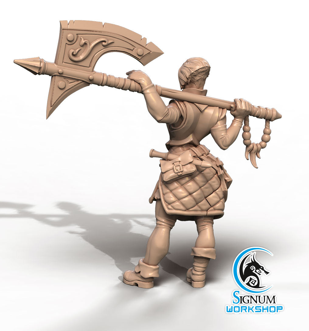 A 3D-printed miniature figure, perfect for Dungeons and Dragons campaigns, holds a large, ornate battle axe over their shoulder. The figure is dressed in detailed medieval-style armor with a quilted pattern on the lower garment. The logo "Riana Armourer - Signum Workshop - 3d Print" is visible in the bottom right corner.