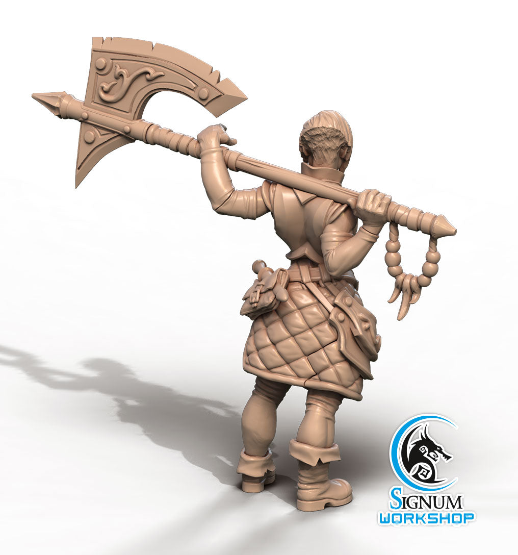 A detailed, beige-toned 3D printed miniature figure of a warrior holding a large, ornate poleaxe over their right shoulder. Perfect for Dungeons and Dragons, the Riana Armourer - Signum Workshop - 3d Print is dressed in armor with a quilted pattern on the skirt and other intricate details. The Signum Workshop logo is visible in the corner.