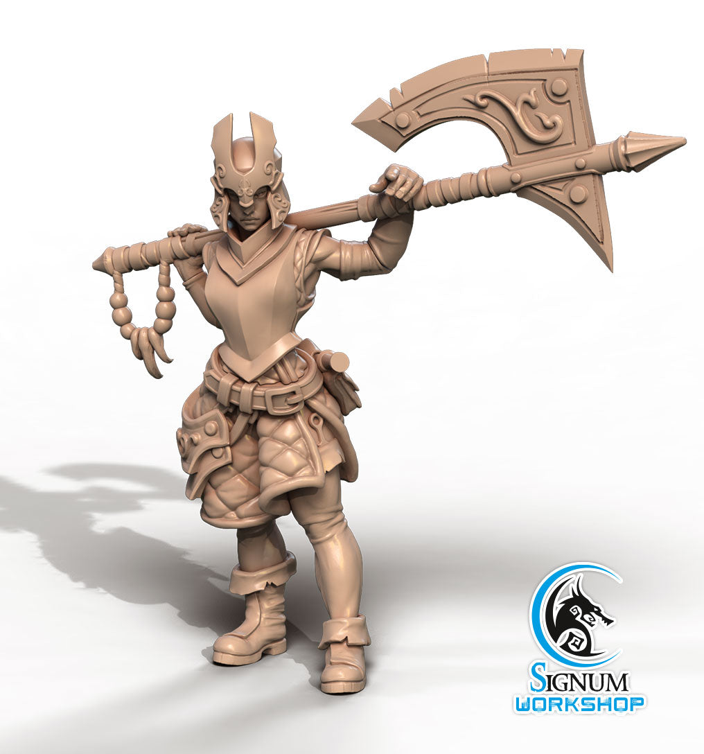 A detailed 3D printed miniature figure of a fantasy warrior, equipped with ornate armor and a large decorated axe resting on their shoulder. Perfect for Dungeons and Dragons, the Riana Armourer - Signum Workshop - 3d Print stands on a plain base with the "Signum Workshop" logo in the bottom right corner.