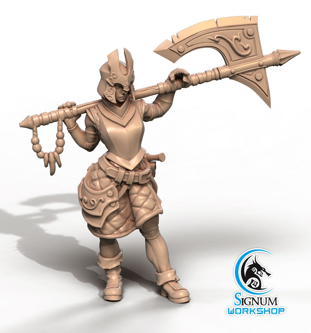 A detailed 3D printed miniature figure of a warrior in armor holding a large, ornate battle axe over their shoulder. The figure, perfect for Dungeons and Dragons adventures, wears a horned helmet and armor with intricate designs. Text at the bottom right reads "Riana Armourer - Signum Workshop - 3d Print" with a logo featuring a horse head.