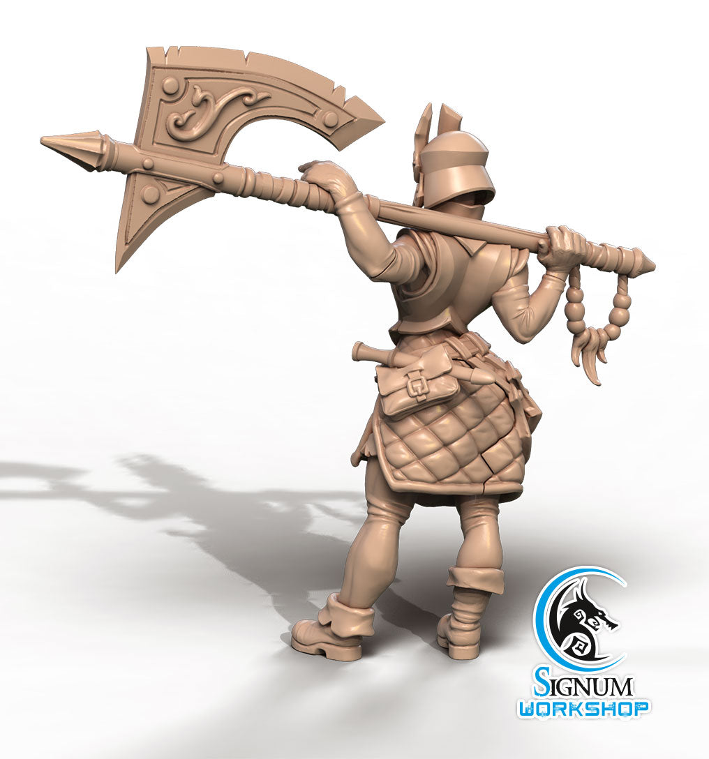 A detailed 3D printed miniature of a medieval warrior stands holding a large battle axe over their shoulder. The Riana Armourer - Signum Workshop - 3d Print, perfect for Dungeons and Dragons campaigns, is dressed in plate armor with quilted padding and a cloak. The Signum Workshop logo is in the bottom right corner of the image.