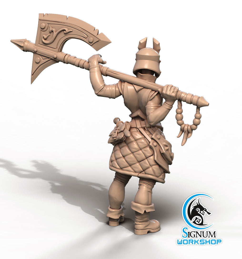 A digital 3D model of a medieval warrior, perfect for Dungeons and Dragons, holding a large ornate axe with a horned helmet and armored clothing. The figure features a quilted skirt adorned with trinkets and stands in a dynamic pose. Ideal for 3D printed miniatures, the Riana Armourer - Signum Workshop - 3d Print logo is at the bottom right.