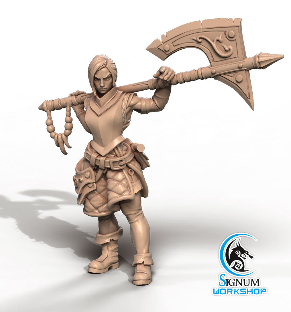 A detailed 3D printed miniature figure of **Riana Armourer - Signum Workshop - 3d Print** holding a large, ornate double-headed axe over one shoulder. The warrior, perfect for Dungeons and Dragons campaigns, wears armor and has an intense expression. Various accessories hang from their belt. The Signum Workshop logo is visible in the corner.