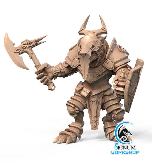 A detailed 3D printed miniature of an armored warrior with a bird-like helmet, standing ready for battle. The warrior holds a large, ornate axe in one hand and a shield in the other. Perfect for Dungeons and Dragons, this Roar Ironsides - Signum Workshop - 3d Print features intricate armor detailing and a logo for Signum Workshop.