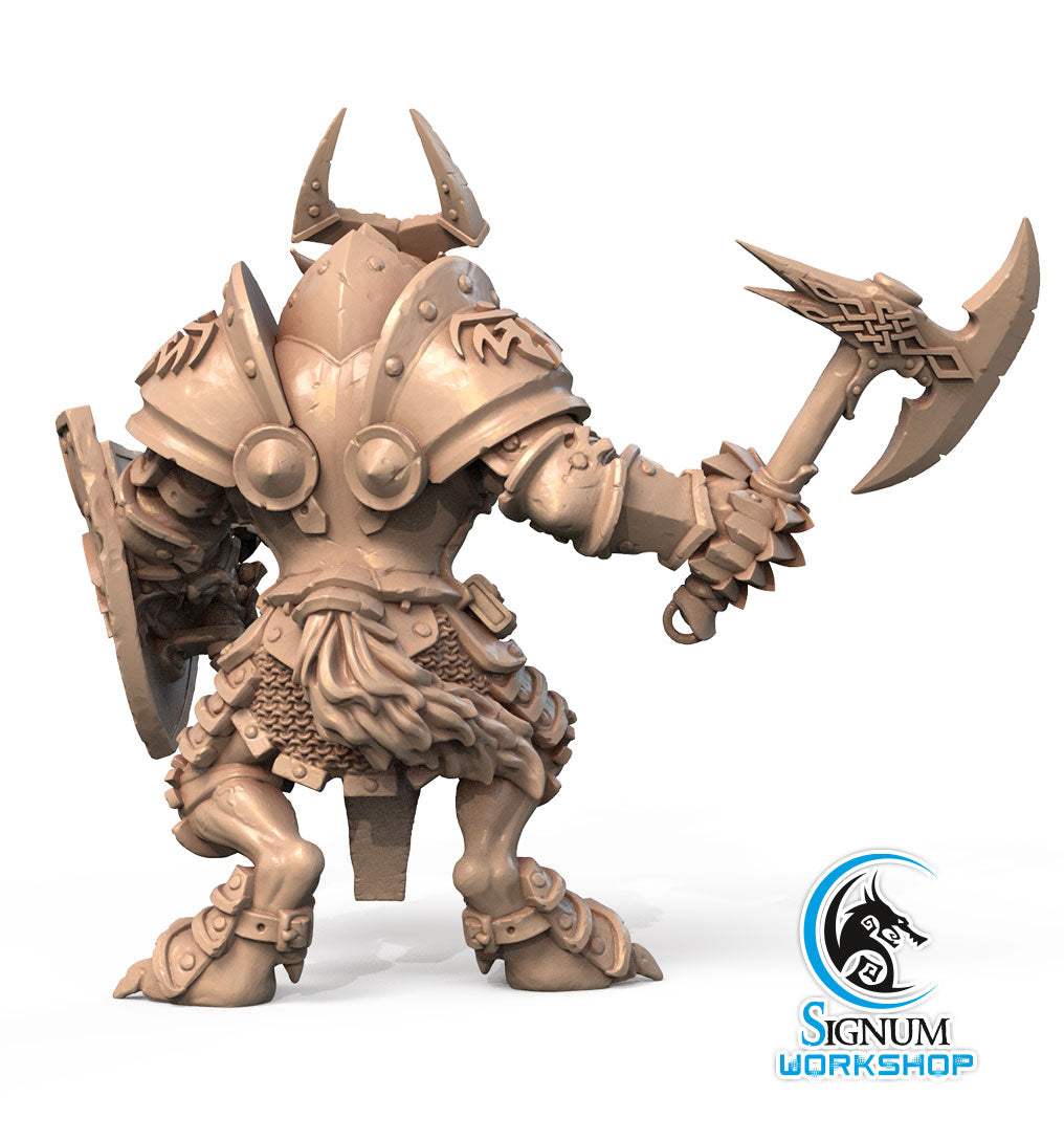 A detailed 3D printed miniature of Roar Ironsides - Signum Workshop - 3d Print, a heavily armored warrior holding an axe and shield, facing away from the viewer. The figure has ornate armor with horns on the helmet and intricate details on the axe and shield, perfect for Dungeons and Dragons. Signum Workshop's logo is visible in the bottom right corner.