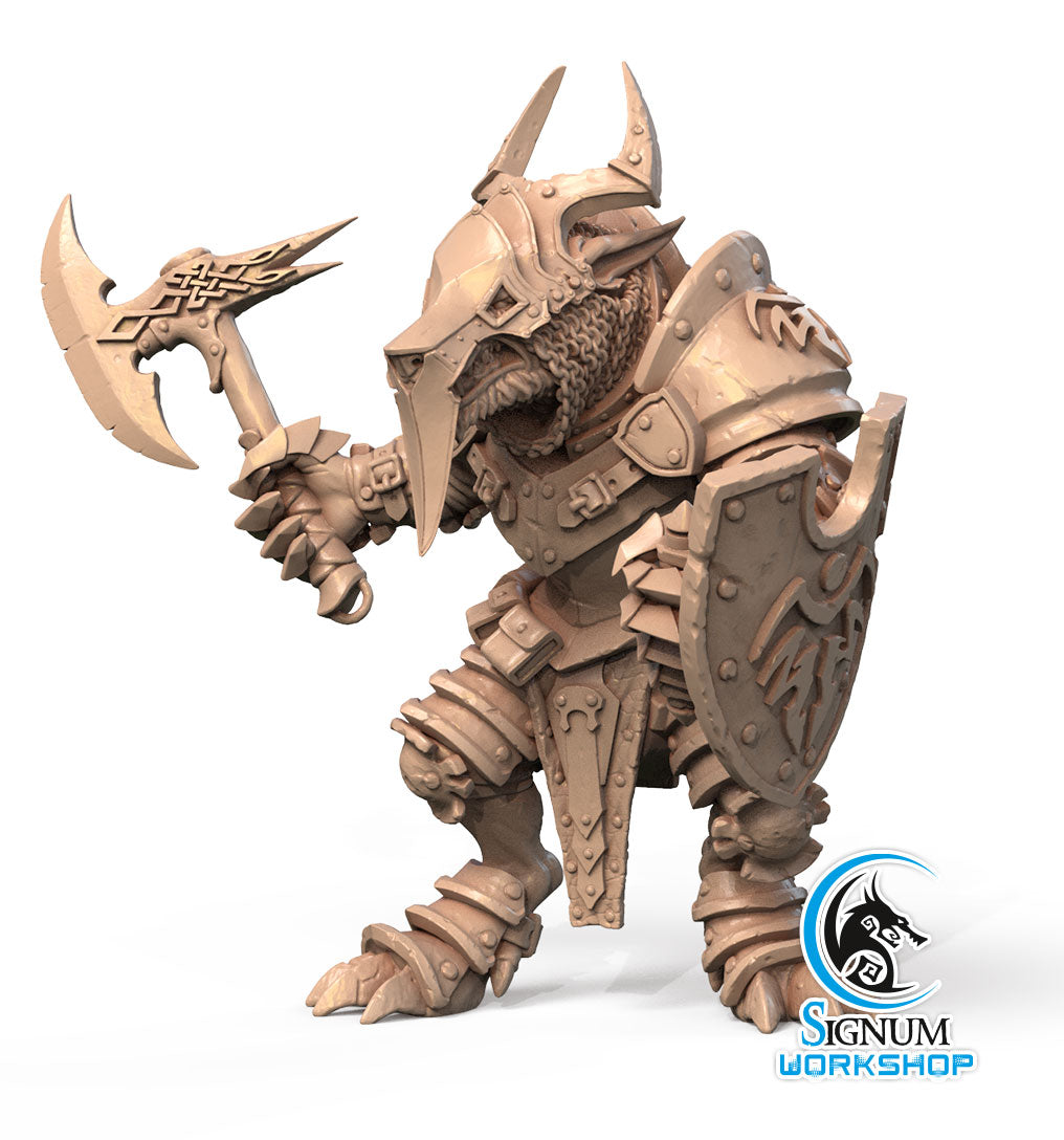 A detailed fantasy miniature figure of a snarling anthropomorphic boar clad in spiked armor, holding an ornate battle axe and shield. Perfect for Dungeons and Dragons enthusiasts, this 3D printed miniature stands on a solid base with intricate design elements. The "Roar Ironsides - Signum Workshop - 3d Print" logo is in the bottom right corner.