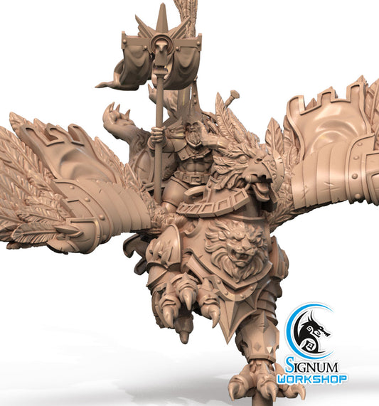 A detailed 3D printed miniature figurine of a warrior riding a large, armored griffin with intricate feather and armor designs. The warrior wields a polearm with a banner. Perfect for Dungeons and Dragons campaigns, the figurine is branded with the Roland the Proud - Signum Workshop - 3d Print logo in the bottom right corner.