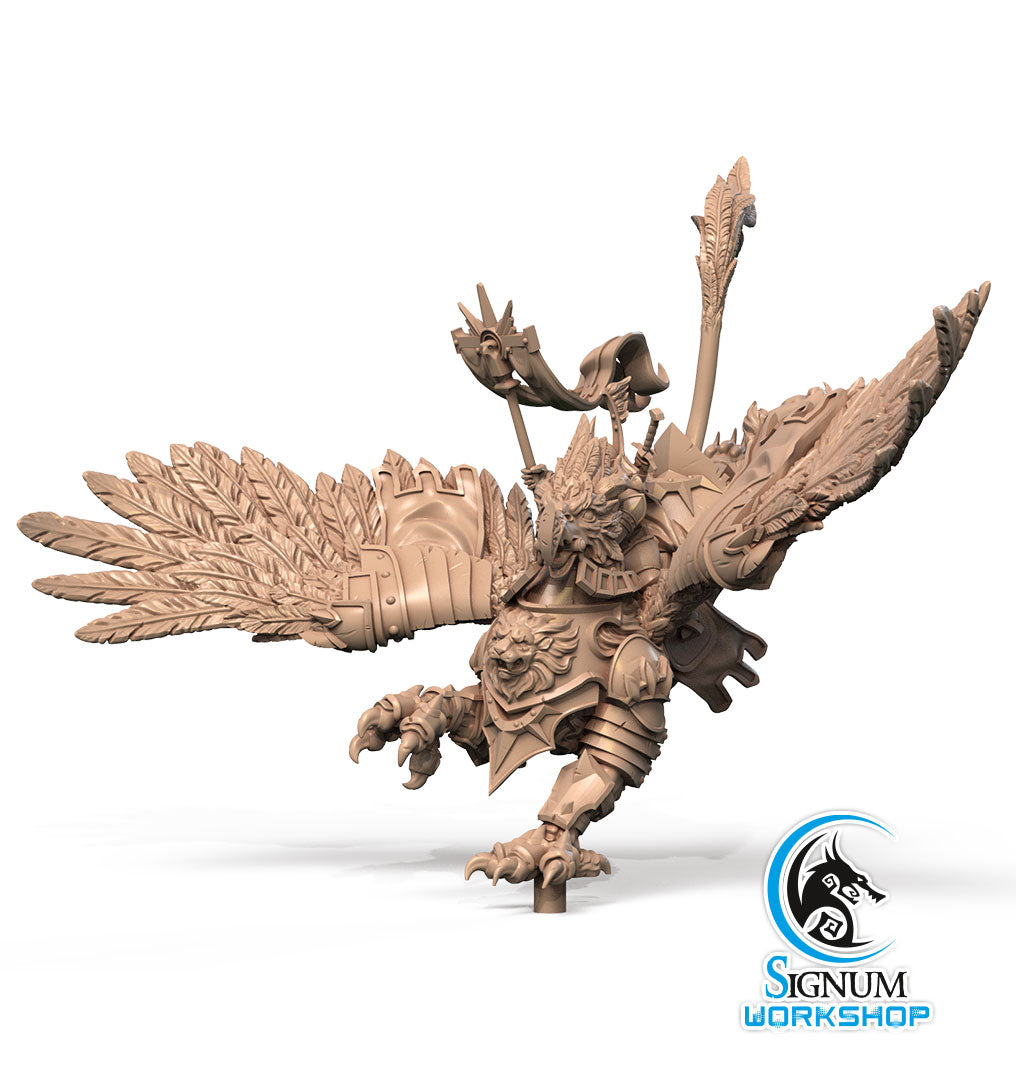 A highly detailed 3D printed miniature model features a fierce bird-like warrior with outstretched wings, intricate armor, and a polearm. Perfect for Dungeons and Dragons, the figure stands dynamically poised as if in mid-action. The Roland the Proud - Signum Workshop - 3d Print logo is visible in the bottom right corner.