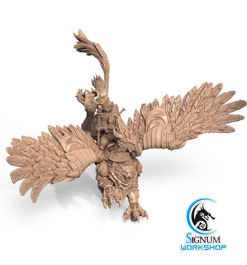 A highly detailed 3D printed miniature figure of Roland the Proud, an armored rider on a large, intricately designed bird with extended wings. Perfect for Dungeons and Dragons campaigns, the bird has ornate armor and feathers, while the rider holds a weapon. The "Signum Workshop" logo is visible in the bottom right corner.