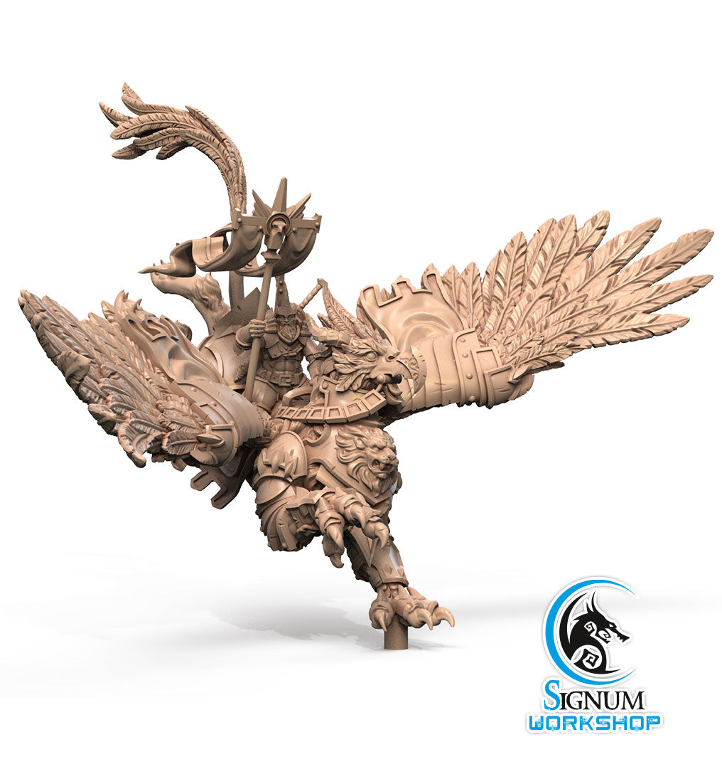 A detailed 3D printed miniature of Roland the Proud - Signum Workshop - 3d Print, a fantasy creature with a humanoid rider from Signum Workshop. The creature has large, feathered wings, intricate armor, and a majestic headdress. Perfect for Dungeons and Dragons gameplay, the rider is equipped with armor and holds a staff. The Signum Workshop logo is at the bottom right.