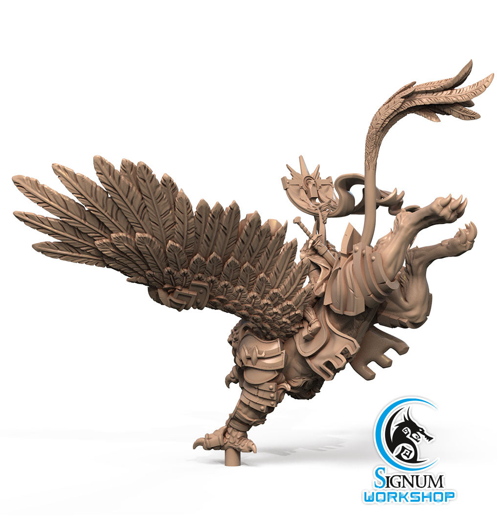 A detailed 3D-printed miniature of Roland the Proud - Signum Workshop - 3d Print in intricate armor riding a majestic gryphon. The gryphon has large, extended wings with elaborate feather work, and the rider wields a long weapon. Perfect for Dungeons and Dragons campaigns. The Signum Workshop logo is displayed in the bottom right corner.