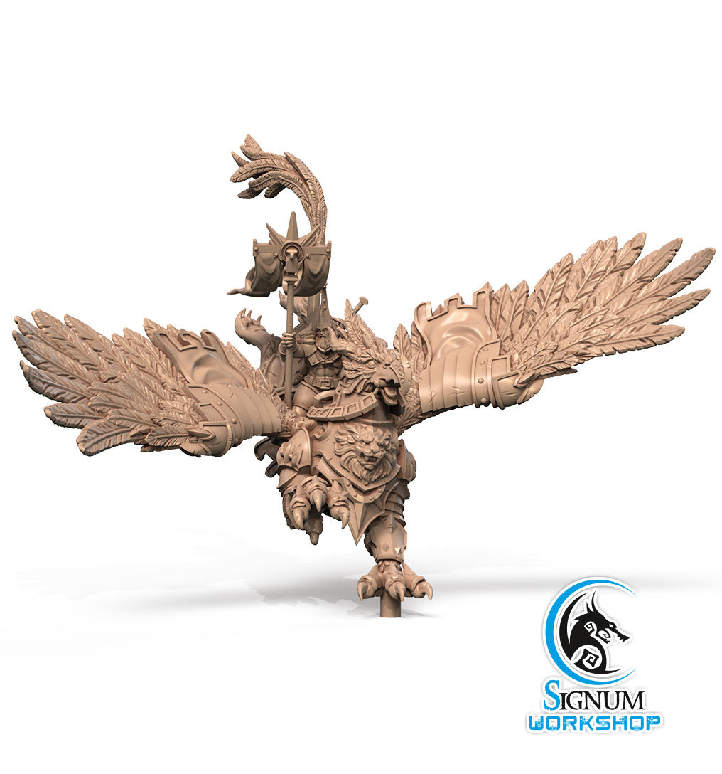 A detailed 3D-printed miniature, Roland the Proud - Signum Workshop - 3d Print, depicts a warrior in armor riding a large, mythical bird with spread wings. The bird features intricate feather and armor designs. The image is labeled with "Signum Workshop" at the bottom right corner, featuring their logo—a perfect addition to any Dungeons and Dragons campaign.