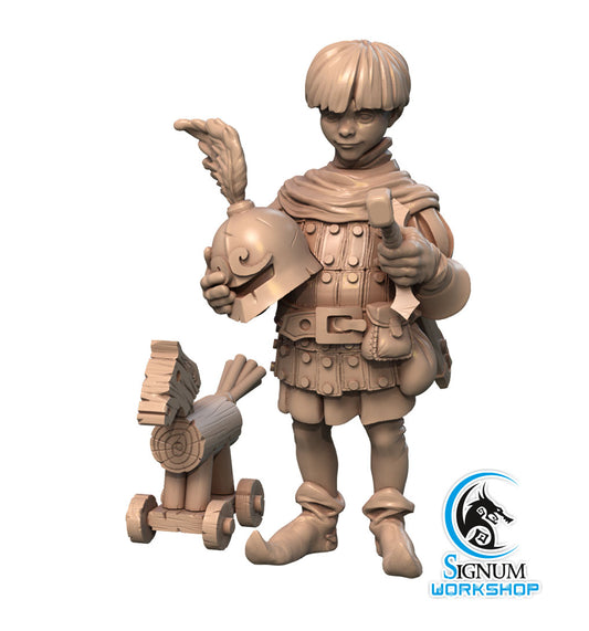 A 3D-printed miniature figure of a medieval boy holding a plumed helmet and a small wooden toy axe, perfect for Dungeons and Dragons campaigns. The boy is dressed in a tunic, belt, and boots, with a pouch at his waist. Next to him is a small wooden horse on wheels. Rufus the Young Squire - Signum Workshop - 3d Print is in the bottom right corner.