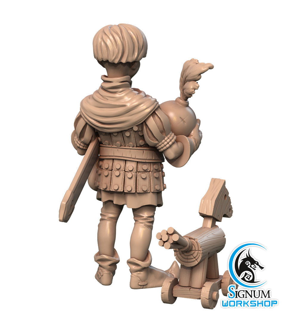 A 3D-printed miniature of a knight in medieval armor stands holding a helmet under one arm and a sword in the other. At their feet is a wooden toy horse on wheels. The logo "Signum Workshop" is visible in the bottom right corner. Perfect for Dungeons and Dragons, Rufus the Young Squire - Signum Workshop - 3d Print is viewed from behind.