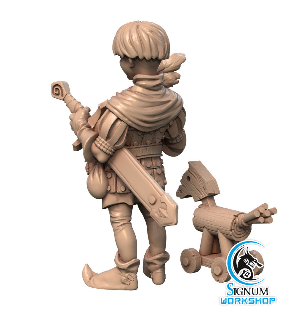 A 3D-printed miniature of a character with short hair, a large sword on their back, and various accessories, including a scroll and a pouch. The character is accompanied by a small, similarly styled wheeled toy. Perfect for Dungeons and Dragons enthusiasts. *Rufus the Young Squire - Signum Workshop - 3d Print*. The Signum Workshop logo is displayed in the bottom right.