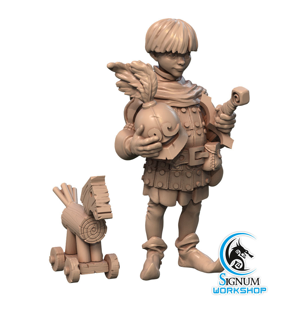 A detailed 3D printed miniature of Rufus the Young Squire - Signum Workshop - 3d Print, wearing armor, holding a sword and shield with a winged helmet. Next to him is a small wheeled wooden horse, perfect for Dungeons and Dragons adventures. The Signum Workshop logo is in the bottom right corner.