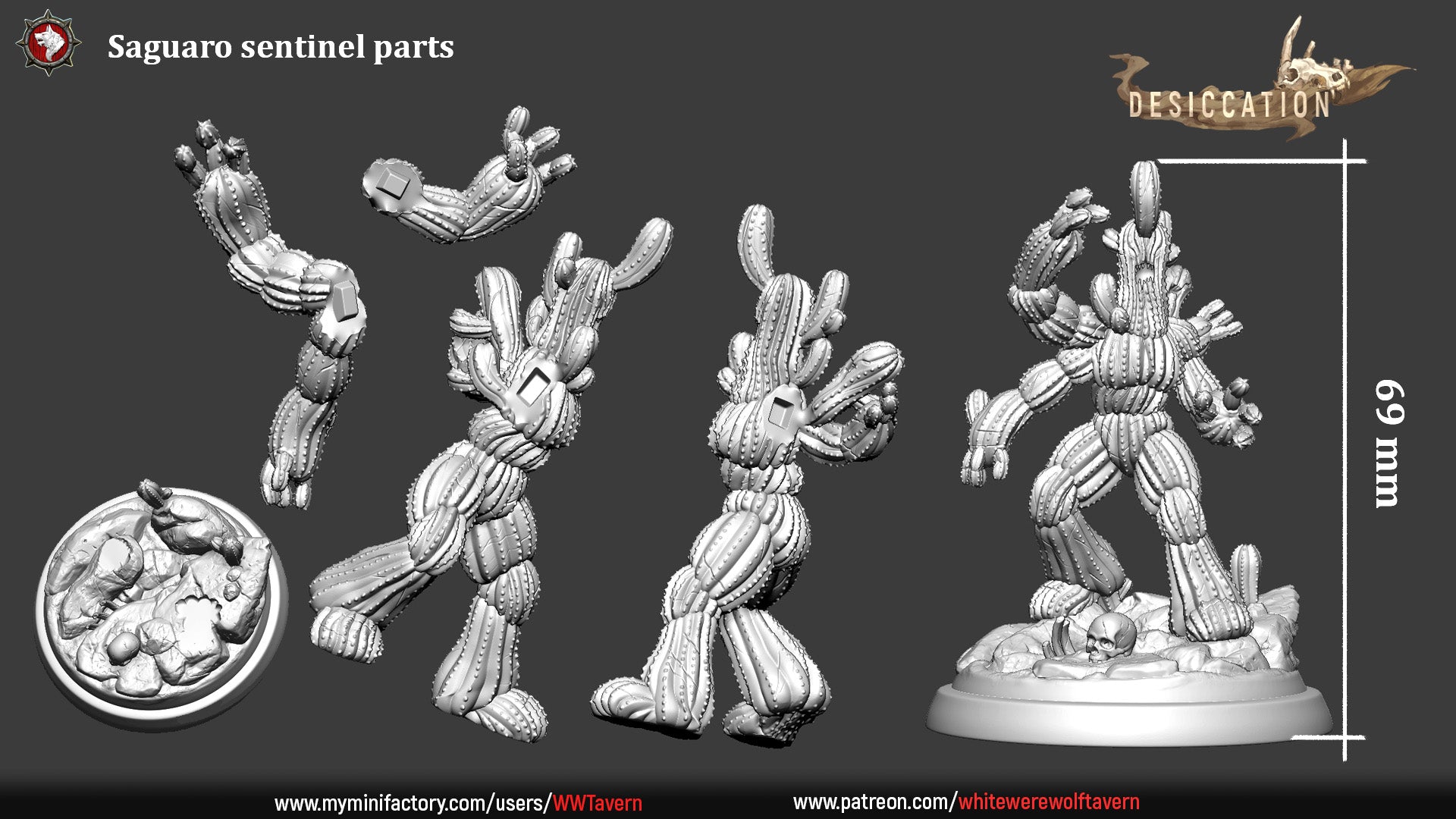 Product Description: Introducing the Saguaro Sentinel - Cactus Golem - Resin 3D Print collection, which includes detailed miniature parts for wargames. The set features detachable arms, a head, and a fully assembled figure. The layout showcases the front, side, and back views of the assembled figure standing on a rocky base. The figure stands at an impressive height of 69 mm.