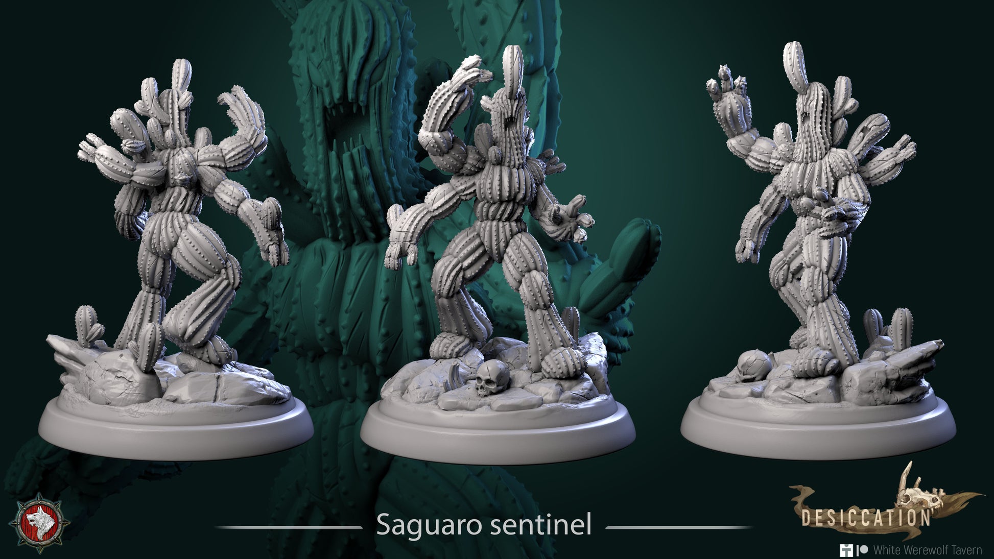 Three gray, intricately detailed resin miniatures of a cactus-like humanoid with multiple arms, each staged on a circular base resembling rocky terrain with small skulls. The text "Saguaro Sentinel - Cactus Golem - Resin 3D Print" is centered below. Logos for "Desiccation" and "White Werewolf Tavern" appear at the bottom, making them perfect for wargames.