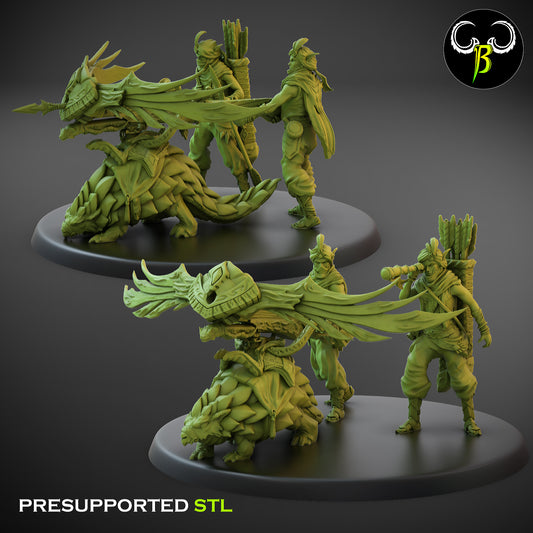 Two 3D-printed miniature Sand Shard Throwers - Clay Beast Creations - 3d Print featuring fantasy figures perfect for Dungeons and Dragons enthusiasts. Each model shows an archer equipped with a quiver of arrows standing beside a dragon-like creature. Set on round bases, these highly detailed and intricate miniatures are a must-have for any collection.
