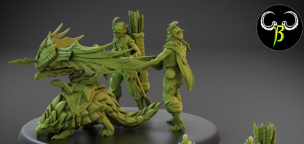 Two detailed green models depict an archer riding a dragon-like creature, with the archer aiming an arrow. Another figure stands behind, holding a quiver of arrows. The Sand Shard Thrower - Clay Beast Creations - 3d Print has armor and sharp features. The background is gray with a stylized logo of a ram's head on the right.