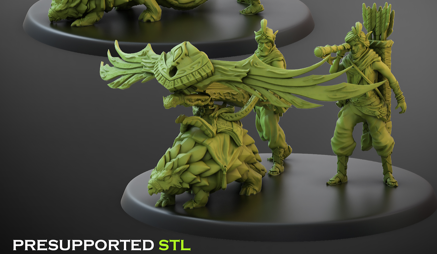 A 3D-rendered image of detailed, green 3D printed miniatures. One, perfect for your next Dungeons and Dragons campaign, features a figure riding a turtle-like creature with a large headpiece; the other shows a standing figure holding a long, conical object in both hands. Both have supportive bases. Text reads "Sand Shard Thrower - Clay Beast Creations - 3d Print".