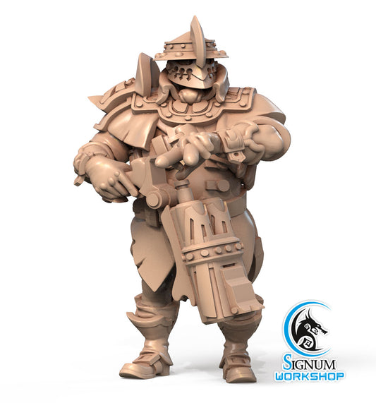 A 3D-rendered model of a heavily armored warrior holding a large, intricate gun. The warrior, reminiscent of a Dungeons and Dragons character, is decked in detailed, medieval-inspired armor with various plates and spikes. This 3D-printed miniature is Sergeant Bron - Signum Workshop - 3d Print, as indicated by their logo at the bottom right.