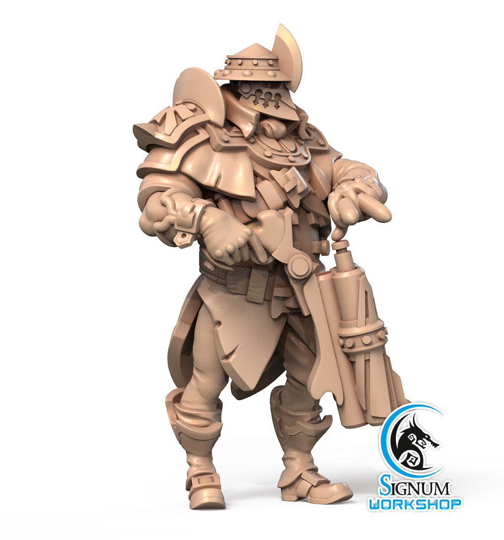 A detailed 3D render of Sergeant Bron - Signum Workshop - 3d Print, ideal for Dungeons and Dragons, wearing plate armor with ornate shoulder guards and a helmet with a visor. The warrior is holding a large weapon resembling a flintlock-style gun. This exquisitely designed 3D printed miniature features the Signum Workshop logo in the bottom right corner.