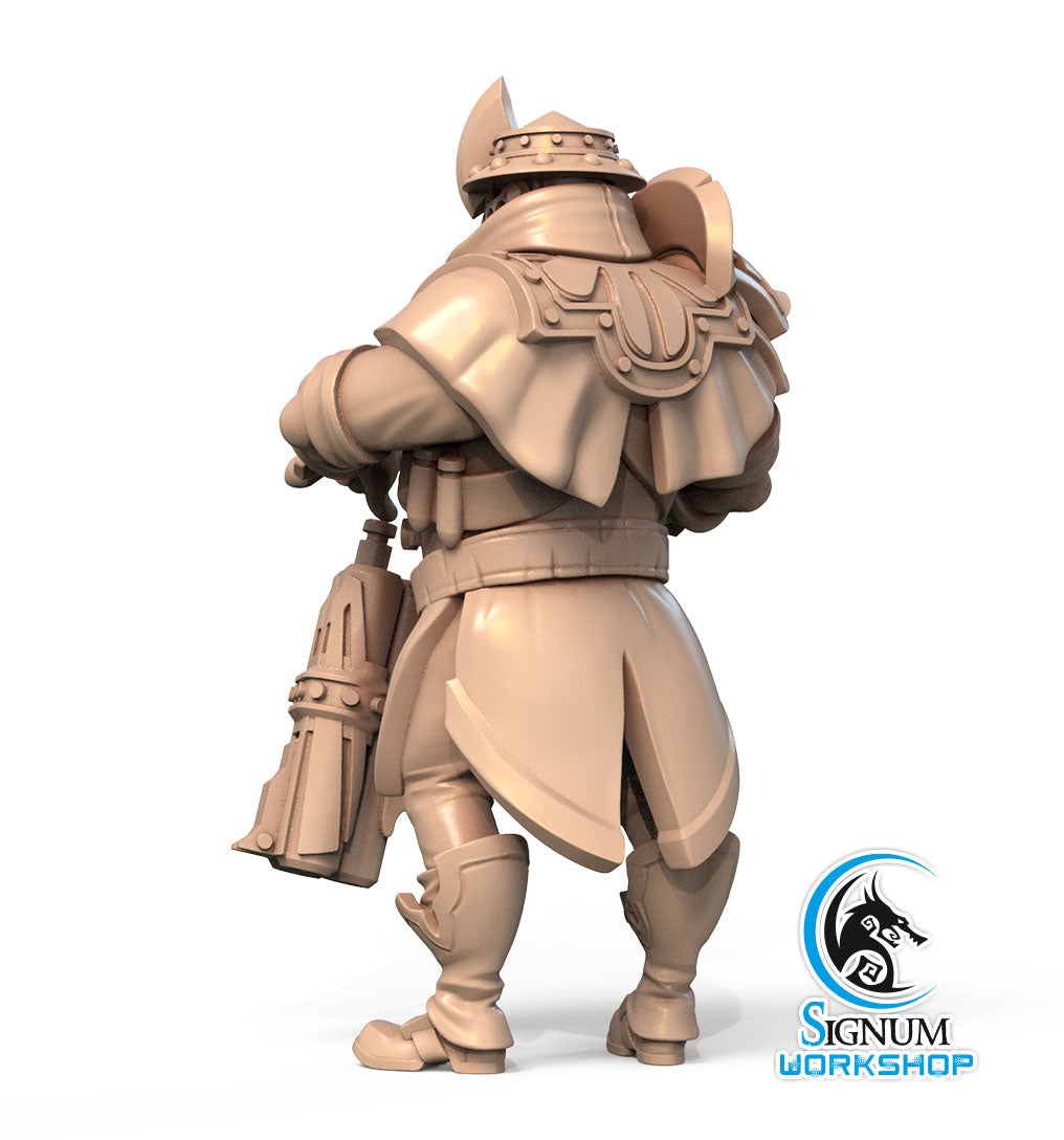 A 3D-printed miniature of a soldier in medieval armor stands back towards the viewer, holding a large weapon in one hand. The intricate details evoke classic Dungeons and Dragons lore. The Signum Workshop logo, featuring a wolf head, is displayed in the bottom right corner. The product name is Sergeant Bron - Signum Workshop - 3d Print.