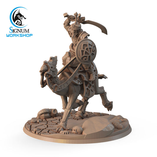 A 3D-printed miniature of Sin, Sunset Rider - Signum Workshop - 3d Print, perfect for Dungeons and Dragons. The warrior wields a sword raised high and carries a shield adorned with intricate designs. The base is decorated with skulls and rocks, and the image features the "Signum Workshop" logo.