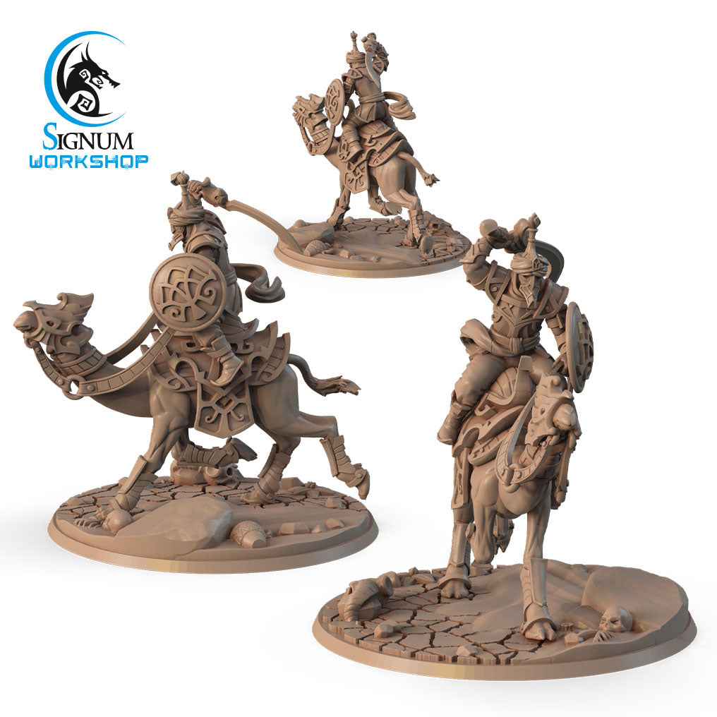 Three detailed 3D printed Sin, Sunset Rider miniatures by Signum Workshop are showcased. Each warrior is equipped with armor and weapons, posed dynamically. The figures are intricately designed with base details suggesting rocky terrain and scattered skulls—a perfect addition for any Dungeons and Dragons campaign. The Signum Workshop logo is visible.