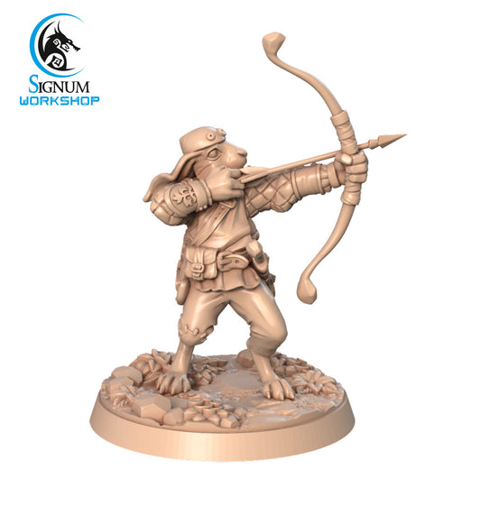 A tan 3D printed miniature of a mouse archer wearing a hat and armor, drawing a bow and arrow, standing on a detailed rocky base. Perfect for Dungeons and Dragons, the figure is created by Signum Workshop, as indicated by the logo in the top left corner. This is Sir Robbin Long-Eared - Signum Workshop - 3d Print.