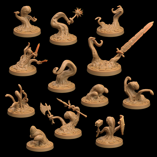A collection of 12 Ooze Spawns - The Dragon Trappers Lodge - 3d Print, each emerging from the ground with various weapons. Perfect for Dungeons and Dragons enthusiasts, the figures feature twisted, tentacle-like forms wielding swords, axes, maces, and spears—each distinct in their pose and weapon type.