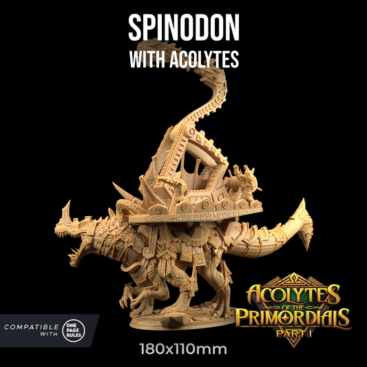 A detailed resin miniature figure of a fantastical creature dubbed "Spinodon - The Dragon Trappers Lodge - 3d Print," featuring a large, spiky body with a grand structure on its back. It is surrounded by smaller figures named "Acolytes." The text reads "Spinodon with Acolytes," part of "Acolytes of the Primordials Part I." Perfect for wargames.