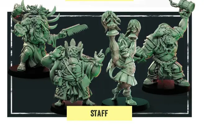 The product "Jade Jaws - Staff" displays four intricately crafted miniature figures: a warrior brandishing a weapon, a horned figure in robes, a muscular character hoisting a severed head, and an orc-like figure clad in heavy armor.