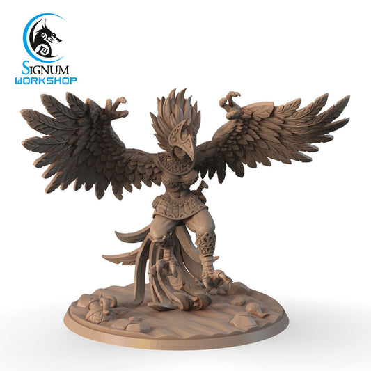 A detailed tabletop miniature depicts an anthropomorphic bird warrior with large, spread wings, a beaked helmet, and armored clothing. This *The Angry Sentinel of Desert - Signum Workshop - 3D Print* stands on a textured base, claws outstretched as if in a commanding pose. The Signum Workshop logo is visible in the top left corner.