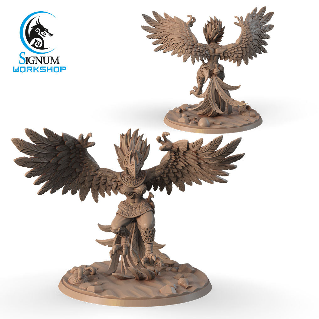 A detailed 3D printed miniature model of a fantasy humanoid bird creature with large outstretched wings, intricate feather details, and warrior-like armor. Perfect for Dungeons and Dragons campaigns, the figure stands on a textured base, exuding a dynamic and powerful presence. The Angry Sentinel of Desert - Signum Workshop - 3d Print logo is visible.