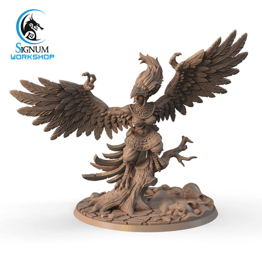A detailed 3D printed miniature figurine of The Sentinel of Desert by Signum Workshop, resembling a bird of prey with humanoid features and armor, standing on a rocky base with a skull. Perfect for Dungeons and Dragons, the creature's wings are spread wide in a dynamic pose.