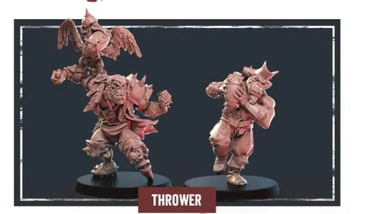 The Storm Coast Marauders - Throwers set features two resin miniatures: an orc holding a ball in spiked armor and a winged creature resting on its shoulder, both elegantly displayed on round bases against a dark backdrop.