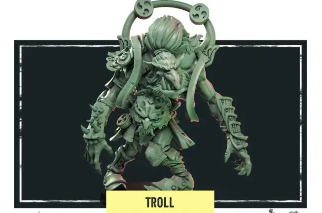 A detailed miniature model of a troll, named Jade Jaws, features intricate armor and ornaments. The troll is depicted in a dynamic pose with a greenish hue and is set against a dark background with "Troll" labeled at the bottom.