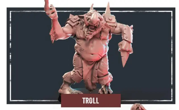 A detailed 3D resin miniature from the Storm Coast Marauders collection, the "Troll" features armor and spikes. The model depicts a fierce troll wielding a large weapon, with an aggressive expression and a menacing stance on its labeled platform, embodying strength and aggression.