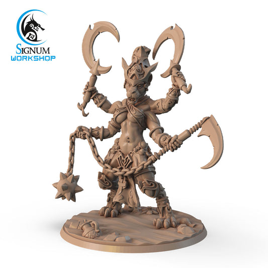 A detailed, 3D printed miniature from Signum Workshop, featuring a fantastical four-armed creature with a mix of human and animal traits. Perfect for Dungeons and Dragons, Varif, the Mighty Rakshasa wields curved blades and a chain weapon with a spiked ball, standing on a base adorned with various textures and small elements.
