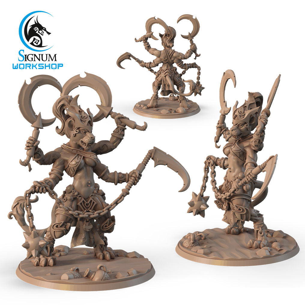 Three elaborately detailed 3D printed miniatures are displayed. They feature humanoid warriors with animal-like characteristics, wielding weapons such as scythes and flails. The figures are intricately designed with armor and accessories, perfect for Dungeons and Dragons campaigns. The "Varif, the Mighty Rakshasa - Signum Workshop - 3d Print" logo is visible in the top left corner.