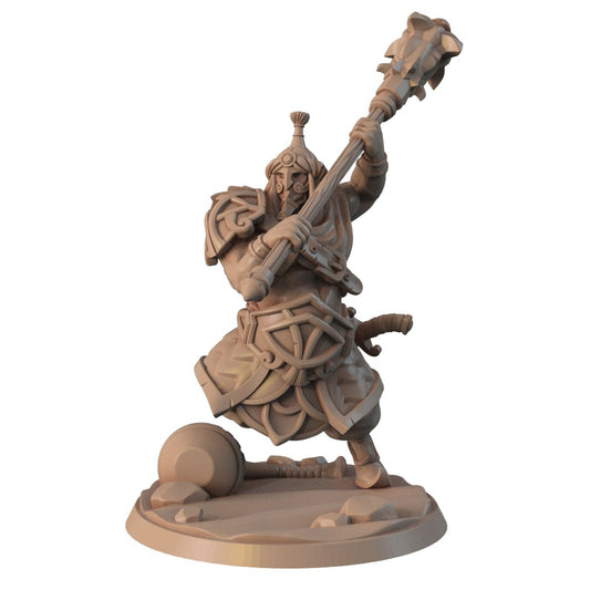 A 3D-printed miniature depicting a heavily armored warrior swinging a large spiked mace. The warrior stands in a dynamic pose on a rocky base reminiscent of epic Dungeons and Dragons battles. A logo reads "Veteran of the Caliphate - Signum Workshop - 3d Print" in the top left corner.