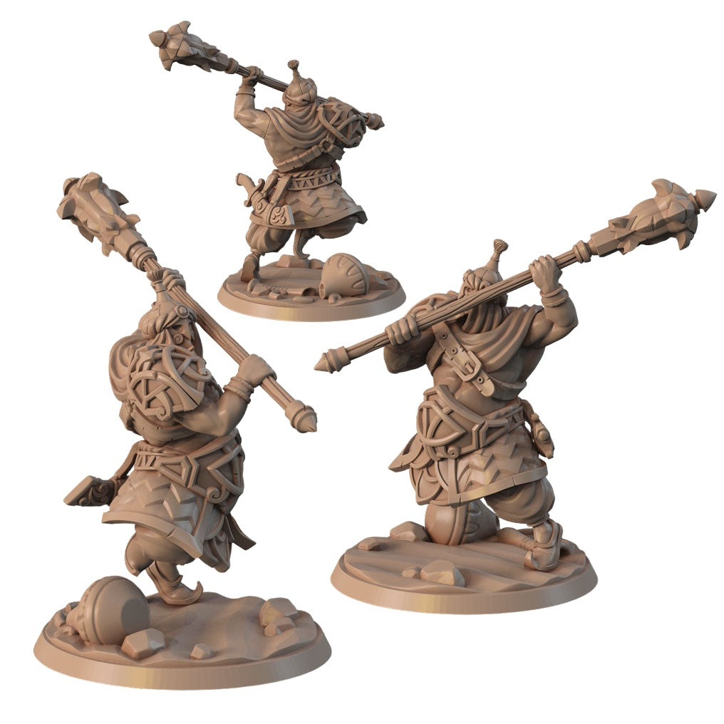 Three intricately detailed 3D printed miniature warrior figures are shown, posed in dynamic stances wielding large weapons. Part of a collection from Signum Workshop, as indicated by the logo in the top right corner. The surface details feature ornate armor and weaponry, perfect for Dungeons and Dragons campaigns. These figures are from Veteran of the Caliphate - Signum Workshop - 3d Print.
